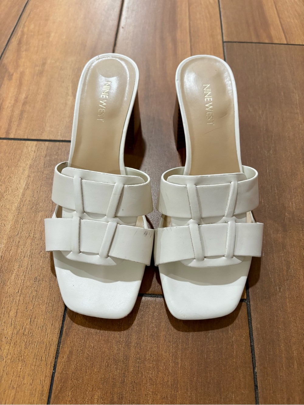 Nine West White Double-Strap Leather Slide Mules